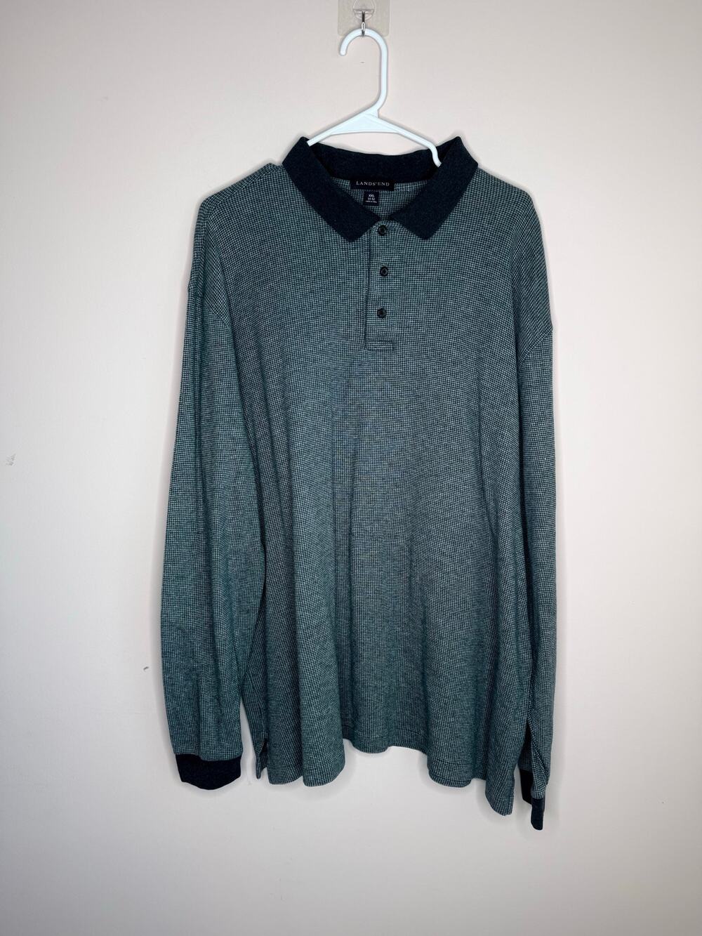 Lands End Mens XXL Pima Cotton Long Sleeve Polo Shirt Gray Black Micro Check